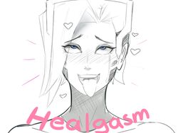 1girls ahe_gao blue_eyes blush crying female_only heal_slut healslut heart mercy monochrome orgasm overwatch solo_female stormbringer tongue_out