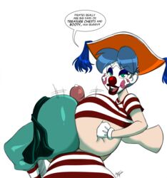 1boy 1boy1girl 1girls aeolus06 assjob bedroom_eyes bimbo bloxwhater blue_hair blush_stickers bodypaint buggy_the_clown busty buttjob buttjob/paizuri clown clown_makeup cosplay curvaceous curvy dialogue disembodied_limb eyeshadow female floating gigantic_ass gigantic_breasts giggles_the_slutty_clown gloves green_eyes hat hot_dogging huge_ass huge_breasts lipstick makeup male male_pov motion_lines one_piece paizuri paizuri_under_clothes partial_male pirate pirate_hat precum shirt smile speech_bubble striped stripes voluptuous