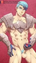 1boy armor blue_eyes blue_hair caspar_von_bergliez catnappe143 collarbone fire_emblem fire_emblem:_three_houses fit half-dressed looking_at_viewer male male_only muscle muscles muscular muscular_male muscular_thighs pecs penis penis_grab post-timeskip pubic_hair smile solo solo_focus testicles thighs toned