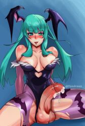 1futa areolae balls big_breasts big_penis biting_lip breasts cleavage crotchless cum cum_drip cumshot curvy darkstalkers demon_girl ejaculation erection futa_only futanari green_eyes green_hair hands-free handsfree_ejaculation head_wings heedraws huge_cock huge_penis large_balls large_breasts large_penis long_hair morrigan_aensland penis penis_out succubus torn_clothing