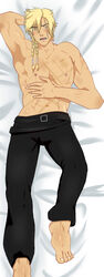 abs blonde_hair blush body_pillow braid braided_hair dakimakura dakimakura_pillow elezen elf_ears face_scar feet final_fantasy final_fantasy_xiv foot_out_of_frame hand_on_torso male male_focus male_only muscle muscle_tone muscles no_shirt on_back on_bed open_mouth pants perceval_greystone pointy_ears scar scars shirtless square_enix tan tanned_skin yellow_eyes