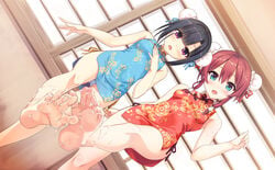 :o aqua_eyes barefoot black_hair blue_dress china_dress chinese_clothes cum cum_on_body cum_on_lower_body cum_on_soles cura double_bun dress dutch_angle feet floral_print foreshortening from_below hayase_fukami highres looking_at_viewer maitetsu migita_hibiki official_art pov_feet purple_eyes red_dress red_hair short_hair side_slit sidelocks sleeveless sleeveless_dress soles solo spread_toes standing standing_on_one_leg toes