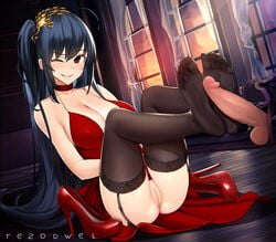 1boy ass azur_lane erection feet female femdom footjob footjob_with_legwear hair_between_eyes highres long_hair looking_at_viewer md5_mismatch no_shoes penis pussy rezodwel straight taihou_(azur_lane) taihou_(forbidden_feast)_(azur_lane) thighhighs toes uncensored