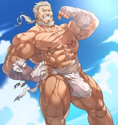 1boy abs bara barazoku beard biceps big_penis boner bulge clenched_teeth daddy erect_nipples erection erection_under_clothes granblue_fantasy hard_on large_penis leaking leaking_penis leaking_precum male male_focus male_nipples male_only manly moustache muscles muscular muscular_male rybiok smirk smirking solo solo_male soriz standing_male torn_clothes torn_clothing torn_jockstrap