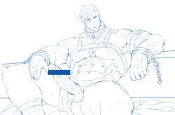 balls bar_censor bara collar erection heracles_(tokyo_afterschool_summoners) housamo large_penis loincloth loincloth_aside male_nipples male_only muscular_male penis_out scars shirtless solo_male spread_legs tokyo_afterschool_summoners veiny_penis