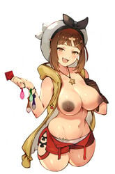 :d atelier_(series) atelier_ryza breasts brown_eyes brown_hair commentary_request condom coon coon_(artist) female hair_ornament hairclip hat highres holding holding_condom jewelry large_breasts looking_at_viewer navel necklace nipples open_mouth red_shorts reisalin_stout short_hair short_shorts shorts simple_background smile solo star star_necklace sweat teeth thighs upper_teeth used_condom white_background white_headwear