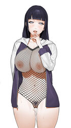 absurdres alternate_breast_size bangs big_breasts blue_hair bodysuit breasts female female_only fishnet_bodysuit fishnets highres huge_breasts hyuuga_hinata large_breasts long_hair looking_at_viewer naruto naruto_shippuden navel nipples pubic_hair pussy_juice simple_background sohn_woohyoung solo sweat tabbto uncensored white_background white_eyes wide_hips