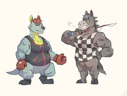 2020 4:3 animal_crossing anthro balls barazoku barefoot biceps blue_body blue_tail bottomless boxing_gloves chibi clothed clothing duo equid equine fishing_rod flaccid fur genitals grey_body grey_eyes grey_fur grey_hair grey_tail hair handwear hi_res hooves horse humanoid_genitalia humanoid_penis kangaroo looking_at_viewer macropod male male_only mammal marsupial muscular muscular_male nintendo penis pose red_eyes red_hair rooney_(animal_crossing) roscoe_(animal_crossing) sharp_teeth shirt short_hair simple_background smile standing teeth thick_thighs topwear uma_shika19 uncut video_games white_background