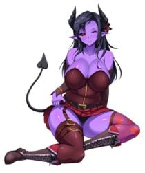 belt black_hair black_panties black_sclera blush boots demon_girl demon_horns demon_tail female freckles garter_straps hair_ribbon horns large_breasts leggings long_socks looking_at_viewer panties pointy_ears purple_skin red_eyes ribbon scala_talsi sitting skirt skirt_pull sleeves smile solo solo_female spade_tail succubus tail teasing thick_thighs thighhighs wink winking_at_viewer zipper