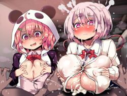 atahuta big_breasts blush breast_size_difference breasts button-up button_gap cum_between_breasts dark-skinned_male dark_skin ejaculation_between_breasts hoodie huge_breasts jealous large_breasts looking_down nijisanji nipple_bulge paizuri pink_hair purple_hair sasaki_saku shiina_yuika short_hair small_breasts straight sweater virtual_youtuber