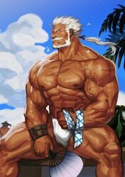 abs bara beard biceps bodybuilder daddy dilf facial_hair gay granblue_fantasy male_only mature_male muscle muscles muscular_male mustache open_legs pecs soriz sweaty thick_thighs thighs traver009 uncle white_hair zaddy