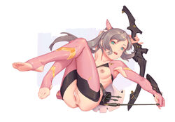 :d anus aqua_eyes arm_up armpit_cutout armpits arrow ass bar_censor barefoot belt bigrbear bottomless bow_(weapon) censored copyright_request feet female full_body gloves grey_hair holding holding_arrow holding_bow_(weapon) holding_weapon legs_up long_hair looking_at_viewer lying nipples on_back open_mouth pink_gloves pink_legwear ponytail pussy quiver sidelocks smile soles solo stirrup_legwear thighhighs toeless_legwear toes two-tone_background weapon