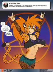 1girls 2020 3:4 anthro ask_blog black_shirt blonde_hair braless breasts cheetah cheetah_ears cheetah_girl cheetah_humanoid cheetah_print cheetah_tail cleavage clothed dynamite_(kadath) english_text female female_focus female_only furaffinity green_pants kadath kadath_tumblr_ask kadath_universe no_bra_under_clothes open_mouth original original_character simple_background solo tail text thick_thighs thighs translucent white_eyes