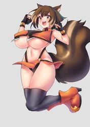 big_breasts blazblue brown_eyes brown_hair female female_only fluffy_tail funaya_(a2brasd) high_heel_boots high_heels makoto_nanaya nipples nipples_visible_through_clothing short_hair smile solo solo_female solo_focus squirrel_humanoid squirrel_tail thighhighs