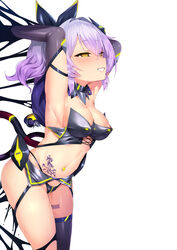 areola_slip areolae armpits arms_up ass asymmetrical_legwear azur_lane barcode barcode_tattoo blush breasts commentary_request corruption dark_persona elbow_gloves empty_eyes eyebrows_visible_through_hair female gloves hair_between_eyes half-closed_eyes high_ponytail highleg highleg_panties javelin_(azur_lane) looking_away medium_breasts navel panties parted_lips purple_hair pussy_juice pussy_juice_trail satou_kuuki single_thighhigh siren_(azur_lane) solo sweat tattoo thighhighs underwear white_background yellow_eyes