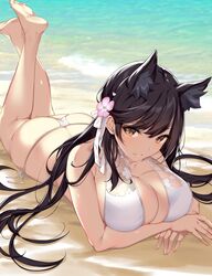 1girls animal_ears ass barefoot beach beauty_mark big_breasts bikini black_hair curvy flower ikomochi legs_up long_hair shiny_skin tagme