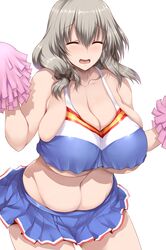 1girls absurd_res belly belly_button big_breasts blush breasts cheerleader cheerleader_uniform cleavage closed_eyes collarbone grey_hair hair_between_eyes hair_ribbon hi_res highres huge_breasts large_breasts milf mother open_mouth plain_background pom_pom_(clothes) pom_poms short_hair simple_background skirt smile solo sports_bra stomach_bulge thick thick_thighs thighs tukasawa02 underboob uzaki-chan_wa_asobitai! uzaki_tsuki white_background