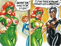 3girls areolae breasts clothing curvy dark-skinned_female dark_skin enf erect_nipples exibitionism fantastic_four female female_only humor invisible_woman jean_grey joe_gravel large_areolae large_breasts long_hair lost_clothes marvel marvel_comics multiple_girls nipples ororo_munroe red_hair sketch_card storm_(x-men) sue_storm traditional_media_(artwork) wardrobe_malfunction white_hair wide_hips x-men