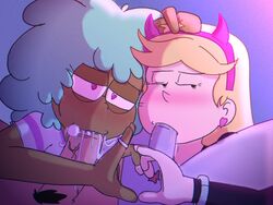 2boys 2girls :>= blonde_hair cum_in_mouth dark-skinned_female earrings fellatio female foursome green_eyes hairband hand_sign heart heart-shaped_pupils heart_hands heart_shape kelly kelly_(star_vs_the_forces_of_evil) kelly_(svtfoe) male marco_diaz melieconiek oral penis pubic_hair ring star_butterfly star_vs_the_forces_of_evil tom_lucitor