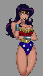 1girls big_breasts blue_eyes bracers circe_(dc) circlet cleavage cosplay costume dc dc_comics dcau earrings fellatio female justice_league justice_league_unlimited purple_hair solo solo_female standing sunsetriders7 wonder_woman_(cosplay)