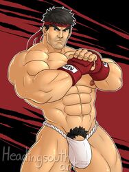 1boy 1male abs bara big_bulge big_muscles black_background black_hair black_pubic_hair boxing_gloves bulge facial_hair fundoshi fundoshi_only gloves headband headingsouth human human_only looking_at_viewer male male_chest male_focus male_nipples male_only muscle muscles muscular muscular_male nipple nipples pecs pectorals pubic_hair red_background red_gloves ryu_(street_fighter) serious serious_look six_pack solo solo_focus solo_male street_fighter thick_legs underwear underwear_only white_underwear