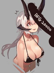 1boy 1girls bangs bikini black_bikini blush breasts censored cock_shock cock_worship collarbone cute_fang demon demon_girl doom erection fangdan_runiu fangs female front-tie_top horn horns huge_cock human humanized humanoid invisible_penis large_breasts long_hair looking_at_penis male_human/female_demon male_human/female_humanoid marauder_(doom) micro_bikini multi_horn open_mouth penis penis_awe penis_on_face penis_over_eye personification red_eyes silver_hair simple_background solo_focus swimsuit