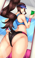 1girls alternate_breast_size ass big_breasts breasts brown_hair byakkun eye_contact female female_only half-closed_eyes hat hilda_(pokemon) holding human long_hair looking_at_viewer mirror nintendo nipples panties phone pokemon pokemon_bw ponytail reflection selfie solo source_request sports_bra thick_thighs thigh_gap wide_hips