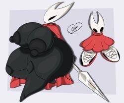anthro areola areolae arthropod arthropod_humanoid big_areola big_areolae big_nipples blepbun cloak clothing hollow_knight hollow_knight_(franchise) hornet_(hollow_knight) melee_weapon meme meme_reference nipples red_cloak red_clothing shoes simple_background sword team_cherry weapon