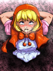 1girls after_oral after_sex ahe_gao armpit_showing arms_behind_back baby_bonnie_hood blonde_hair bulleta capcom cum cum_in_mouth darkstalkers facing_viewer oppaotintin red_hood stuck_in_wall sweat textless tounge_out