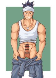 1boy abs balls bandana beard_stubble big_penis black_eyes blue_hair blush bottomless censor_bar censored censored_penis clothes_lift dark_penis dull_eyes erection foreskin foreskin_folds freaky frenulum gay green_background grin half-closed_eyes headband hi_res leg_hair long_hair looking_at_viewer male male_only manly mature_male muscles muscular muscular_arms muscular_male naughty_face necklace nihongou pants_down pecs penis pointless_censoring retracted_foreskin ryotaro_810 shameless six_pack solo standing taking_clothes_off tanktop thick_penis tied_hair touken_ranbu uncircumcised uncut white_border yaoi