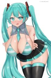 bent_over bikini blush crossed_arms embarrassed exposed_breasts hatsune_miku hatsune_miku_(collared_bikini) large_breasts miku_nutrients open_mouth striped_bikini vocaloid