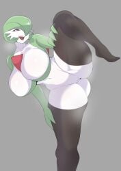 1girls alternate_version_available ass big_breasts bluee female fringe game_freak gardevoir generation_3_pokemon green_hair hand_on_leg hi_res horny huge_breasts humanoid large_breasts legs_up legwear looking_at_another mature_female navel nintendo one_eye_covered one_eye_obstructed one_leg_raised one_leg_up open_mouth palaeblue pale_skin pokemon pokemon_(species) pokemon_rse pose pussy red_eyes short_hair side_view smile solo standing standing_on_one_leg thick_legs thick_thighs voluptuous younger_female