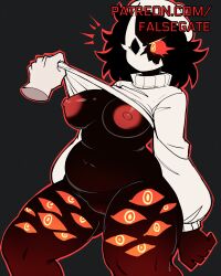 1boy absurd_res ai_generated annoyed areolae beanie black_background black_hair black_skin bottomless chubby chubby_female clothes_pull colored_skin disembodied_hand duo exposed_breasts extra_eyes eyes_on_legs falsegate female folly_(regretevator) highres large_breasts medium_hair monster monster_girl nipples orange_eyes paid_reward_available patreon patreon_username pulled_by_another pulled_up_shirt red_nipples red_sclera regretevator roblox self_upload solid_color_background stable_diffusion standing straight sweater thick_thighs turtleneck turtleneck_sweater white_beanie white_sweater wide_hips