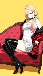 ai_assisted ai_generated big_breasts blonde_hair boots choker cleavage coat colored_tips dress earrings fur_coat highres hourglass_figure kitagawa_marin latex latex_boots latex_clothing long_hair looking_at_viewer my_dress_up_darling piercing pink_eyes pinup posing posing_for_the_viewer red_eyes rinomaw sitting sitting_on_couch sono_bisque_doll_wa_koi_wo_suru strapless_dress thigh_boots twintails white_dress yellow_background youch young_female zettai_ryouiki