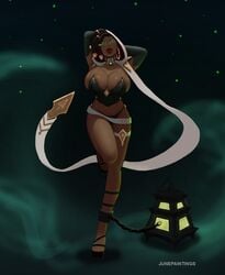 1girls big_breasts bimbo breasts busty cleavage dark-skinned_female dark_skin green_eyes junepaintings league_of_legends senna_(league_of_legends) solo