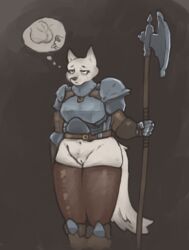 2020 animal_genitalia animal_penis anthro armor balls biped bottomless canid canine canis clothed clothing dana_(tgdeer) digital_media_(artwork) fantasizing female fur fur_tuft genitals hi_res knight mammal penis pussy sheath simple_background solo tgdeer thick_thighs topwear tuft warrior weapon white_body white_fur wolf