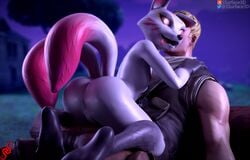 3d anthro ass breasts canid canine clothing duo female flat_chested fortnite fox genitals gloves glowing glowing_eyes handwear human human_on_anthro jonesy_(fortnite) kitsune_(fortnite) male male_human/female_anthro male_on_anthro mammal nipples nude pink_eyes pussy ssurface tagme tongue tongue_out unseen_male_face white_body white_fur