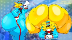1boy 2d absurd_res ass ass_bigger_than_head ass_focus big_ass clothing face_down_ass_up fat_ass fat_thighs fortnite fortnite:_battle_royale fully_clothed hand_on_hip huge_ass huge_thighs hyper_ass jack-o_pose looking_at_viewer male male_only megaphone motion_lines multiple_images no_genitals no_sex nonhuman omegabrawl smiling smiling_at_viewer solo solo_male standing thick_thighs thighs wonkee_(fortnite) yellow_body