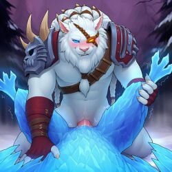 1boy 1girls ai_generated animal_genitalia anivia anthro anthro_on_feral avian beak bird blue_body blue_eyes blush bodily_fluids braid cloaca cloacal_penetration dragon duo elemental_creature eye_patch female female_pov feral forest_background from_front_position genitals heterochromia ice league_of_legends male male_focus male_on_female male_on_feral mane motion_lines open_mouth orange_eyes partially_clothed penis rengar riot_games snow spread_legs talons teeth text trembling white_body wings winter