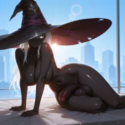 ai_generated arm_support backlighting bed_sheet black_headwear black_skin blue_sky breasts closed_mouth colored_skin completely_nude dark_skin day elden_ring elden_ring_nightreign erection futanari hat huge_cock huge_testicles indoors large_breasts large_hat large_penis large_testicles lens_flare long_hair looking_at_viewer navel nipples nude on_bed on_side one_eye_covered penis recluse_(nightreign) sitting sky solo sunlight testicles twoderrick uncensored veins veiny_penis white_eyes white_hair window witch_hat