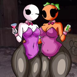 2girls amy_(chetoh) bald bald_female black_eyes bow bowtie breasts bunnysuit chetoh cleavage egg female female_focus female_only holding_drink holding_glass leaf leaf_hair looking_at_viewer mandy_(chetoh) matching_outfit oc orange orange_body original original_character original_characters photo_background pink_bow pink_bowtie smile smiling smiling_at_viewer white_body wink winking_at_viewer
