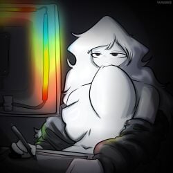 1girls artist_name aurora_(yunariee) breast_pull breasts computer_monitor drawing drawing_tablet huge_breasts large_breasts long_hair long_sleeves looking_at_screen navel night open_jacket original pen_(artwork) rgb_lighting self_breast_sucking sitting sucking_breasts_meme sucking_own_breasts yunariee