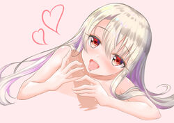 1boy 1girls absurdres bangs bare_shoulders blush collarbone commentary_request eyebrows_visible_through_hair fate/stay_night fate_(series) fellatio female highres illyasviel_von_einzbern long_hair looking_at_viewer male oral penis red_eyes rgrey00 saliva solo_focus tongue tongue_out