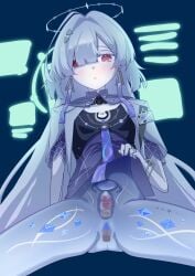 :o absurdres albino arm_at_side ass_visible_through_thighs beef_stroganof blue_background blue_pussy bottomless bracelet breasts censored clothes_lift colored_eyelashes colored_pussy commentary_request cowboy_shot crystal_shards earrings expressionless female gold_bracelet gold_ring gradient_clothes gradient_shirt hair_intakes hair_ornament hair_over_one_eye halo highres holographic_interface id_card jacket jellyfish_cut jewelry large_variant_set leg_tattoo lifting_own_clothes light_blush long_hair looking_at_viewer mornye_(wuthering_waves) mosaic_censoring open_clothes open_jacket pale_skin parted_lips partial_commentary purple_shirt pussy red_eyes ring see-through_body shirt shirt_lift short-sleeved_jacket short_sleeves simple_background sitting small_breasts solo_focus spread_legs tacet_mark_(wuthering_waves) tattoo thighs triangle_earrings triangle_hair_ornament uterus variant_set very_long_hair white_eyelashes white_hair white_halo white_jacket wuthering_waves x-ray