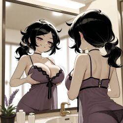 1girls aerolae ai_generated ashley_graves back big_breasts black_choker black_hair breast_grab breasts choker female female_focus female_only goth goth_girl gothic gothic_girl growing growing_breasts growth growth_sequence imminent_sex looking_in_mirror massive_breasts mirror panties pink_eyes plant room smile smiling the_coffin_of_andy_and_leyley