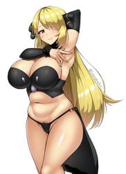 1girls armpits belly big_breasts blonde_hair blush curvy_figure cynthia_(pokemon) female grey_eyes hair_ornament large_breasts nintendo pale-skinned_female pale_skin pokemon pokemon_dppt pubic_hair smile sole_gem thick_thighs white_background