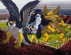 5_fingers abs anthro avian balls beak biceps bird brown_body brown_fur building building_penetrated carpo claws corvidius_(character) destruction erection extreme_size_difference falcon falconid feathered_wings feathers feet finger_claws fingers fur genitals group gryphon humanoid_genitalia humanoid_penis kurrikage macro male muscular muscular_anthro muscular_male mythological_avian mythological_creature mythology nude open_mouth outside pecs penile penis rampage size_difference sky smile stadium tail toe_claws toes trio wfa white_body wings
