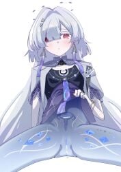 :o absurdres after_vaginal albino arm_at_side ass_visible_through_thighs beef_stroganof blue_pussy bottomless bracelet breasts censored clothes_lift colored_eyelashes colored_pussy commentary_request cowboy_shot crystal_shards cum cum_in_pussy cumdrip earrings expressionless female gold_bracelet gold_ring gradient_clothes gradient_shirt hair_intakes hair_ornament hair_over_one_eye halo highres id_card internal_cumshot jacket jellyfish_cut jewelry large_variant_set leg_tattoo lifting_own_clothes light_blush long_hair looking_at_viewer mornye_(wuthering_waves) mosaic_censoring open_clothes open_jacket pale_skin parted_lips partial_commentary presenting presenting_pussy purple_shirt pussy red_eyes ring see-through_body shirt shirt_lift short-sleeved_jacket short_sleeves simple_background sitting small_breasts solo spread_legs tacet_mark_(wuthering_waves) tattoo thighs triangle_earrings triangle_hair_ornament uterus variant_set very_long_hair white_background white_eyelashes white_hair white_jacket wuthering_waves x-ray