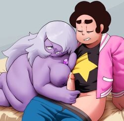 1boy 1girls 2d amethyst_(personification) amethyst_(steven_universe) big_hair biting_lip biting_own_lip black_hair black_shirt boxers breast_press breasts brown_hair clenched_teeth closed_eyes clothed_male_nude_female clothes_pull colored_skin coolerinker cum digital_media ejaculation erection female femdom grey_hair hair_over_one_eye half-closed_eyes handjob hetero inker_comics inkershike jacket kneeling large_breasts long_hair male male_and_female_focus male_pubic_hair male_underwear male_underwear_pull monster_girl nipples nude nude_female nude_female_clothed_male on_bed open_clothes open_jacket pants pants_pull penis pink_jacket plump precum pubic_hair purple_skin shirt short_hair shorts_pull sitting smile star_(symbol) steven_quartz_universe steven_universe straight teeth tekoki thick_eyebrows thick_thighs thighs very_long_hair