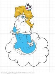 big_breasts black_nails blonde_hair blue_dress blue_eyes boobs_focus brotatochip69 cleavage cloud crown earrings eyelashes half-closed_eyes limited_color long_dress long_hair looking_at_viewer looking_up mario_(series) one_eye_covered princess princess_rosalina puffy_lips slightly_chubby slightly_chubby_female super_mario_bros. viewed_from_above whiteboardfox yellow_hair